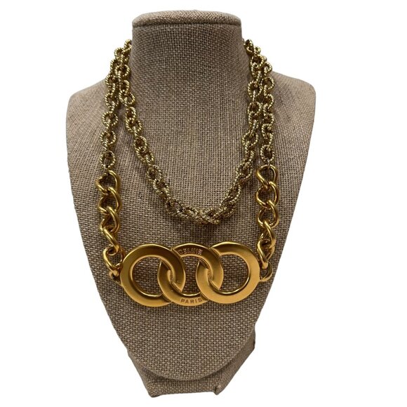 Celine Jewelry - CELINE Necklace Gold Circle Motif 3 Row Logo Pendant Vintage Chain #175